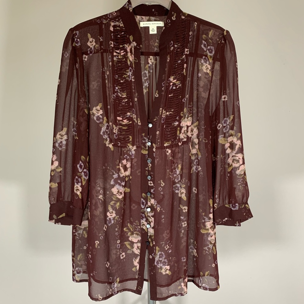 Banana Republic Dark Purple Floral Sheer Blouse